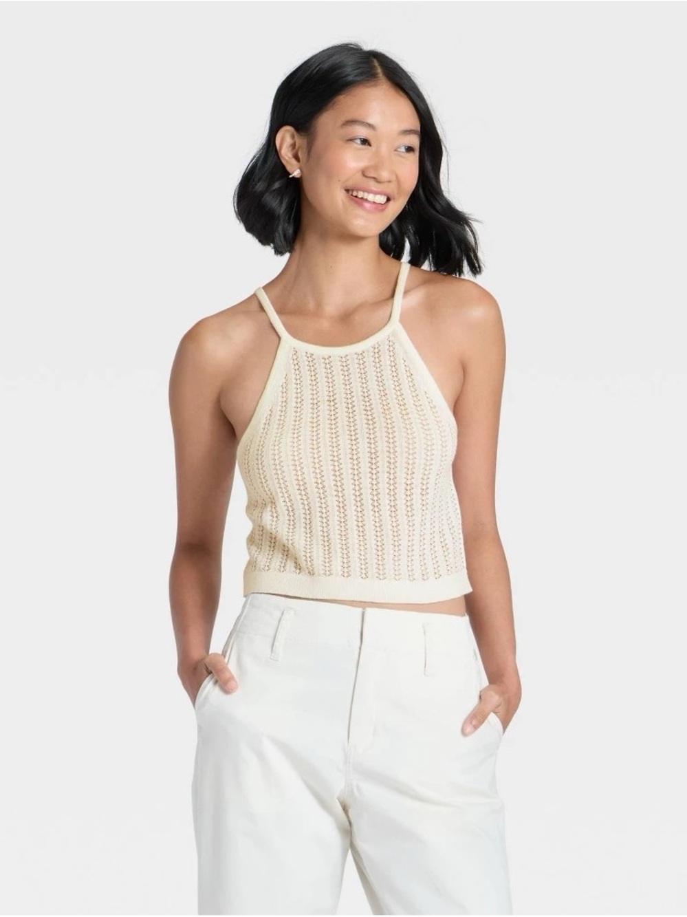 a new day Cream Open-Weave Halter Crop Tank b157s